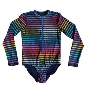 Primary Kids Long Sleeve One-Piece Rash Guard / Swimsuit (Rainbow Stripe) - 12